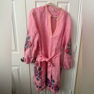 Boden Dress Cleo Floral Linen Embroidered Belted Long Sleeve 18/20L